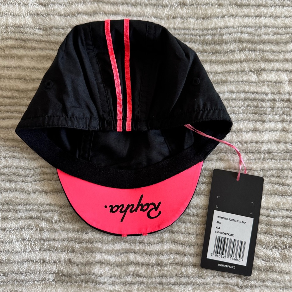 NWT Rapha Cycling Cap women’s Souplesse Cycling Cap black with neon pink stripe - Picture 3 of 8